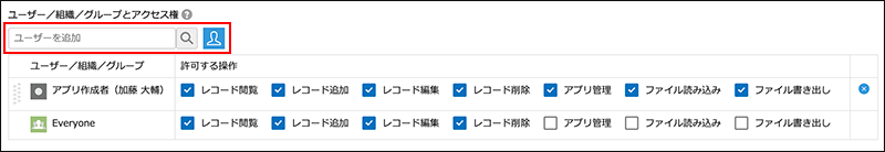 スクリーンショット：ユーザー／組織／グループを選択する場所が枠線で強調されている