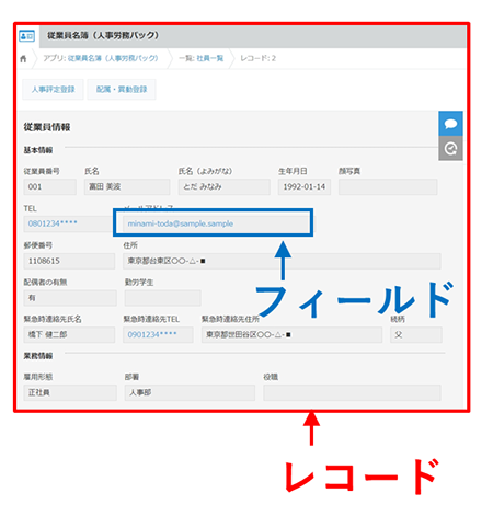 スクリーンショット：従業員名簿アプリを例にレコードとフィールドを示している