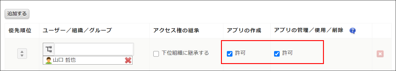 スクリーンショット：「アプリの作成」と「アプリの管理／使用／削除」の「許可」にチェックを入れていることを枠線で強調している