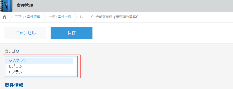 スクリーンショット：レコードの編集画面でカテゴリーの選択肢に赤枠が付いている状態