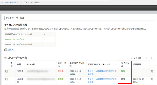 スクリーンショット：ゲストユーザーのライセンス表示の画面