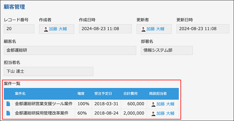 スクリーンショット：関連レコード一覧フィールドを使ってほかのアプリのデータを一覧で表示している