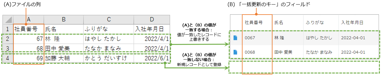 図：「一括更新のキー」で特定したレコードへのデータ登録・更新