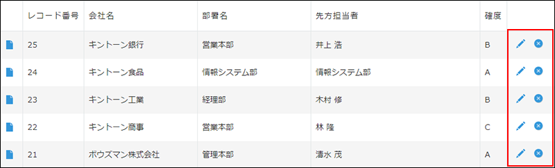 スクリーンショット：編集するアイコンと削除するアイコンが表示された「レコードの一覧」画面