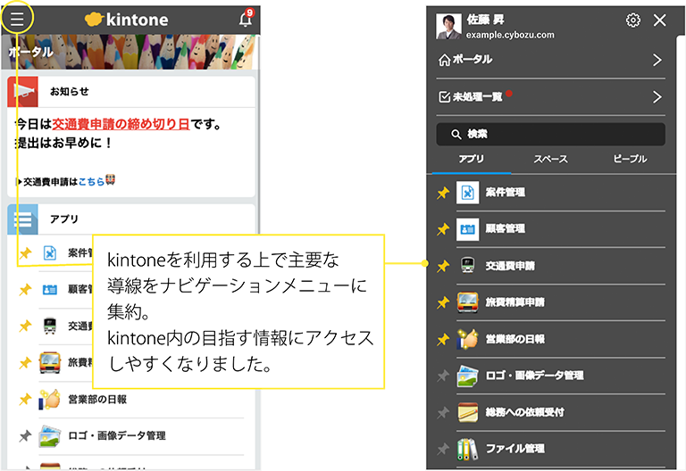 kintoneを利用する上で主要な導線をナビゲーションメニューに集約。kintone内の目指す情報にアクセスしやくすなりました。