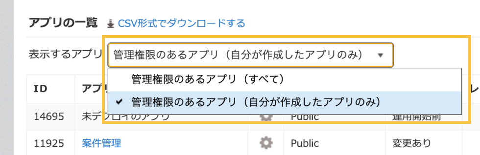 スクリーンショット: アプリ管理画面で「管理権限のあるアプリ（自分が作成したアプリのみ）」に切り替える