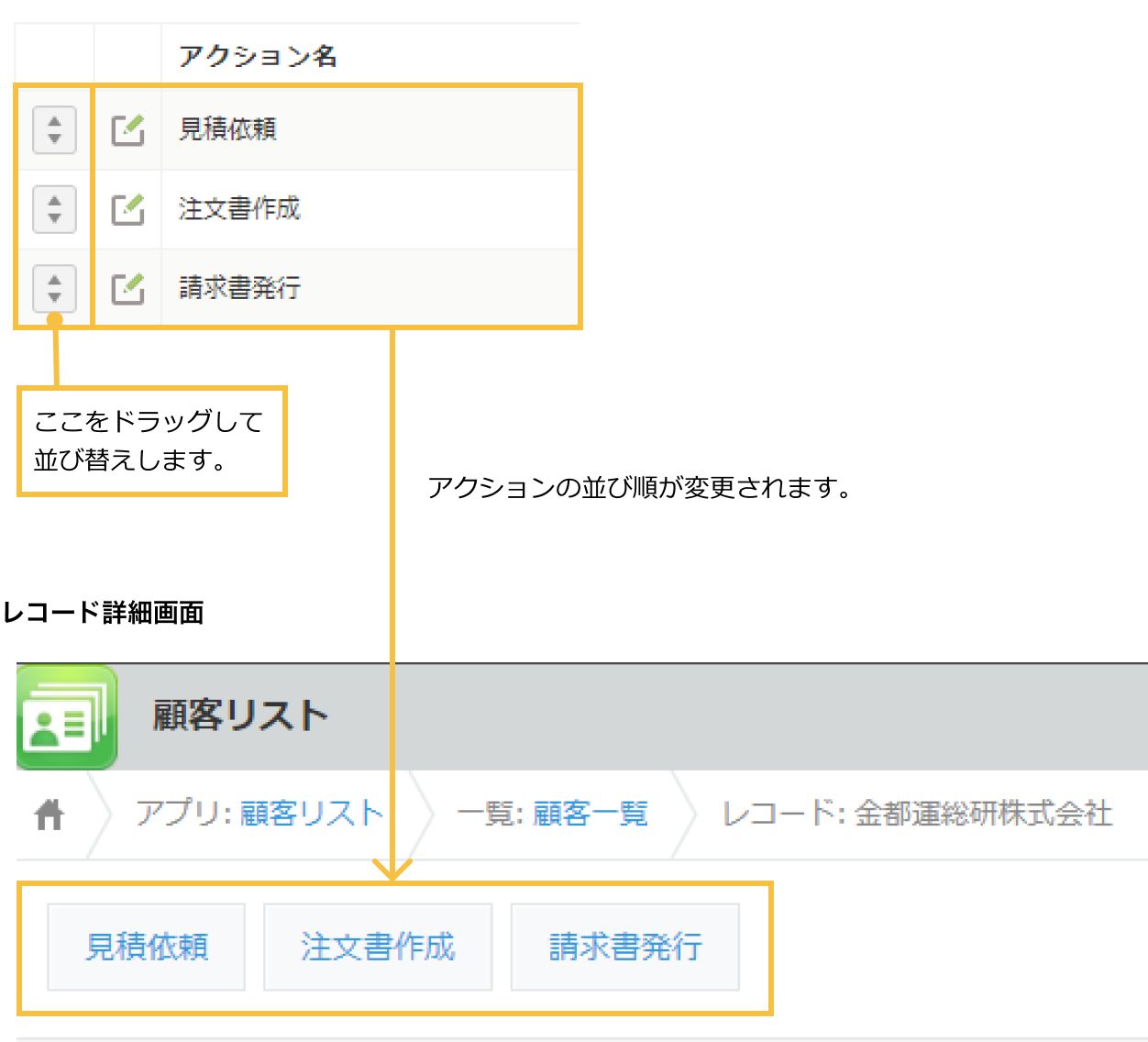 アクションの設定画面でアプリアクションの並び順を変更できるようになり、変更したことを表している画像