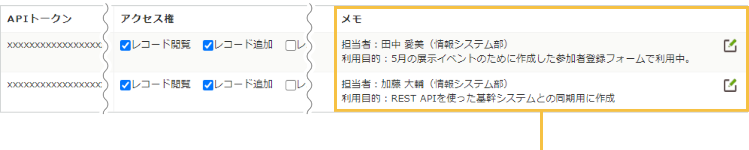 APIトークンの設定画面にメモの列が追加されている画像