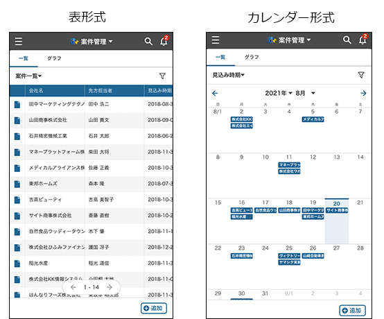 スクリーンショット：表形式とカレンダー形式のレコード一覧画面が表示されている