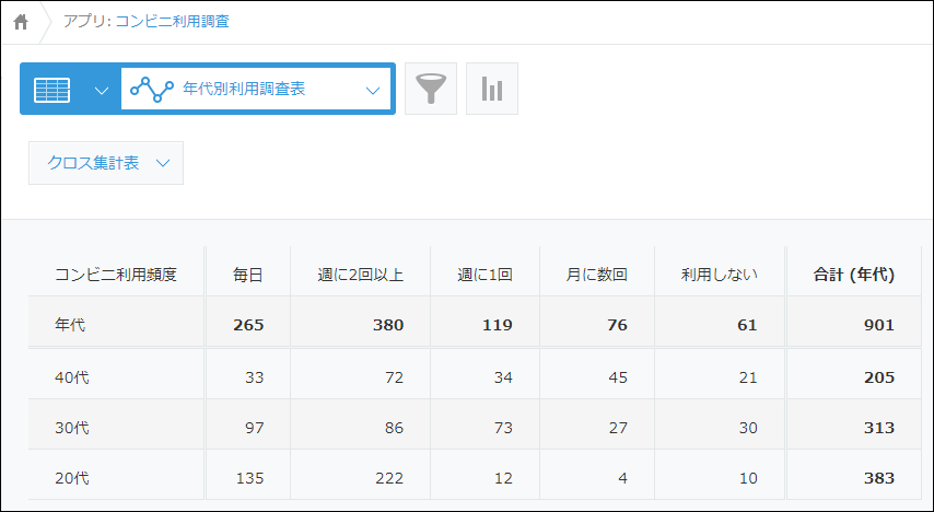 スクリーンショット：年代別の内訳を示すクロス集計表
