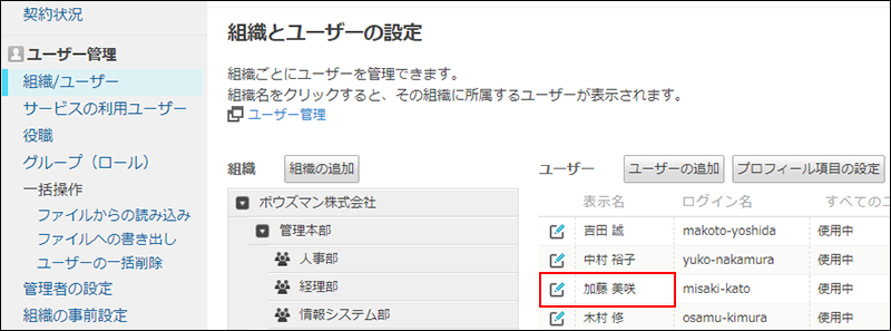 スクリーンショット：組織とユーザーの設定画面で、ユーザー情報を変更するアイコンが枠線で強調されている