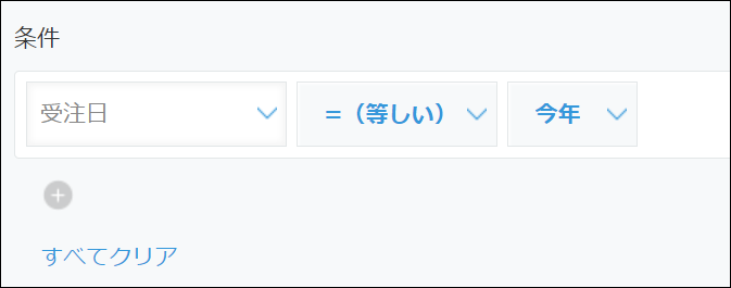 スクリーンショット：「集計する」画面の「条件」に「受注日」「＝（等しい）」「今年」と設定している