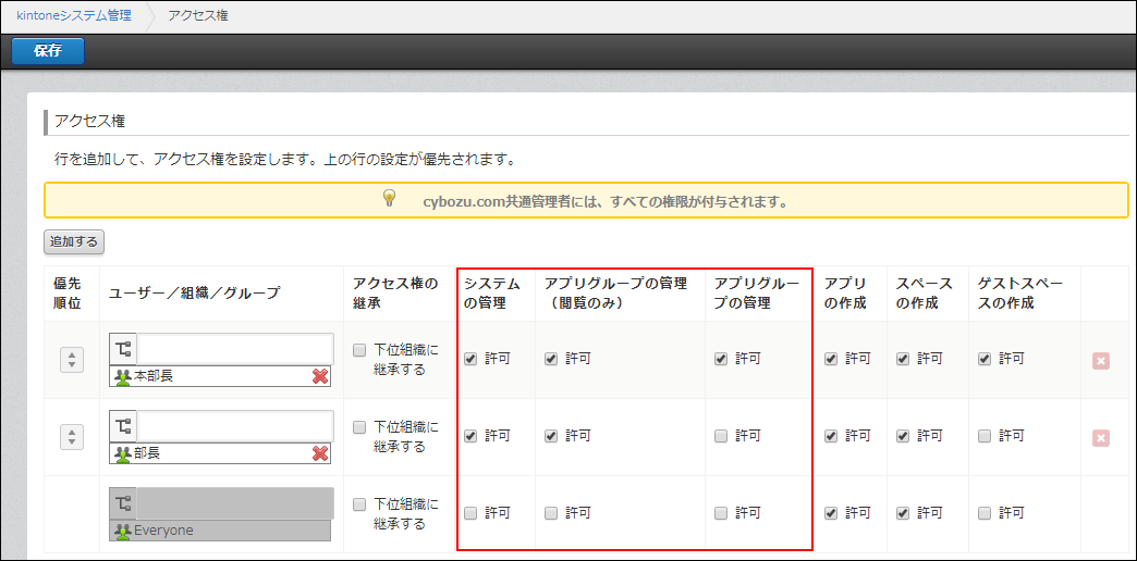 スクリーンショット：アクセス権を設定する画面